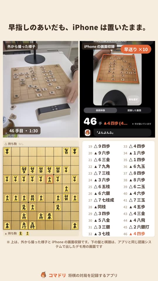 10月9日の二枚落ち。上は外から撮った様子と iPhone の画面収録、下はアプリと同じ認識システムで出した盤と棋譜です